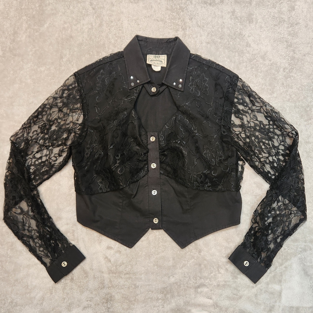 Black Lace Button-Down Crop Shirt